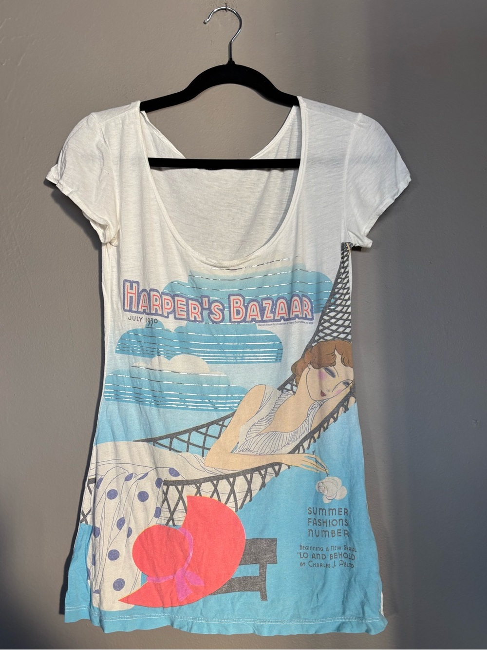 Trash & Luxury White Scoop Tee with Blue Sky and Coral Graphic